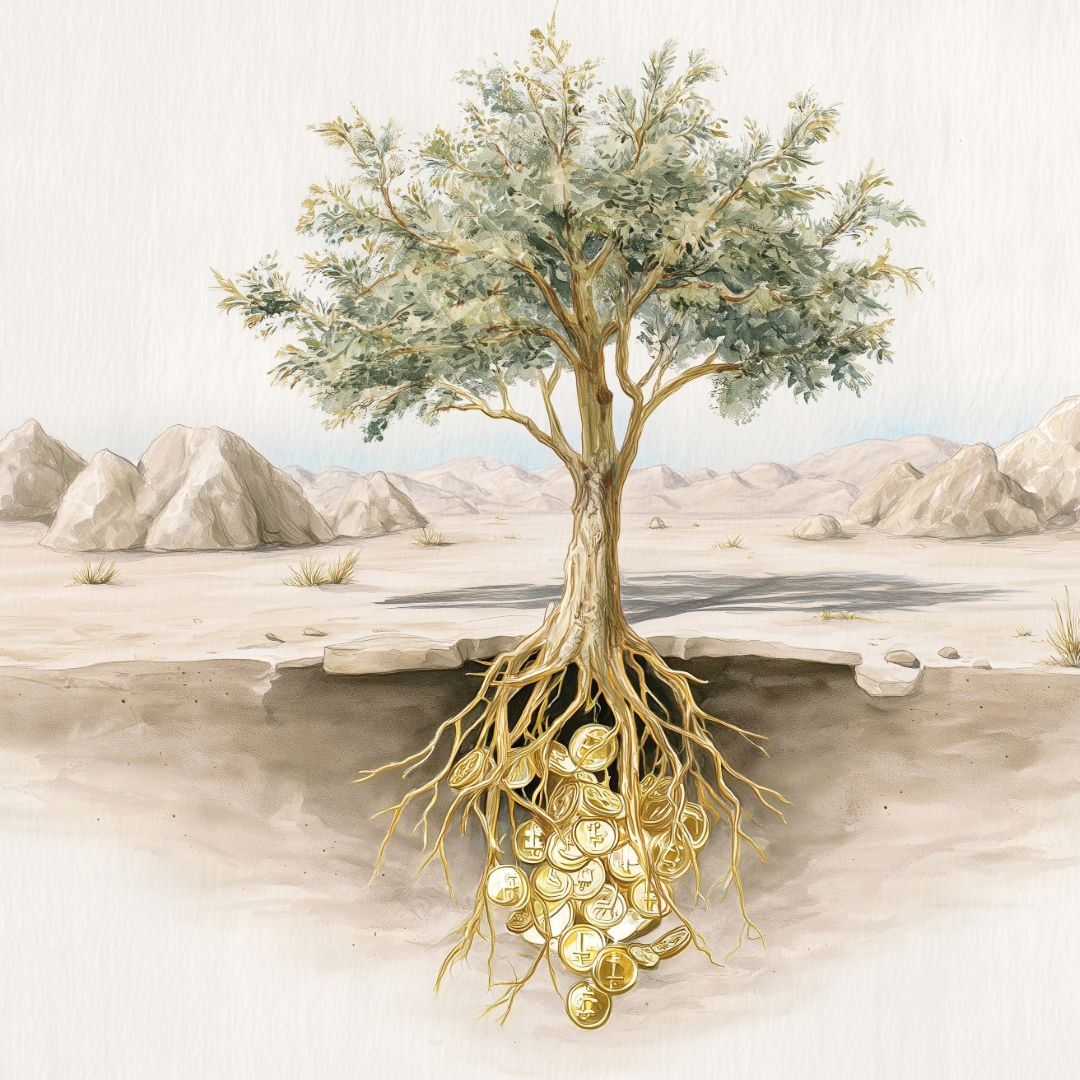 Tree with gold coins in the roots